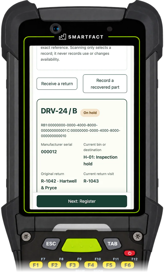 ReclaimBench record of driver DRV-24, revision B, opened from its label: manufacturer serial 000012, current bin H-01 Inspection hold, original return R-1042 and current return visit R-1043