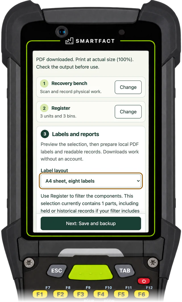 ReclaimBench labels and reports with the label layout set to A4 sheet, eight labels