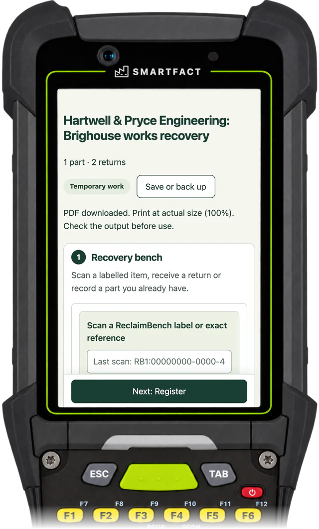 ReclaimBench saying PDF downloaded. Print at actual size (100%). Check the output before use.