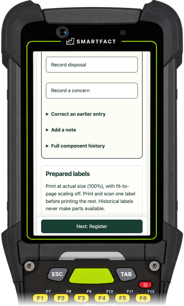 ReclaimBench Prepared labels: print at actual size (100%) with fit-to-page scaling off, print and scan one label before printing the rest, and historical labels never make parts available