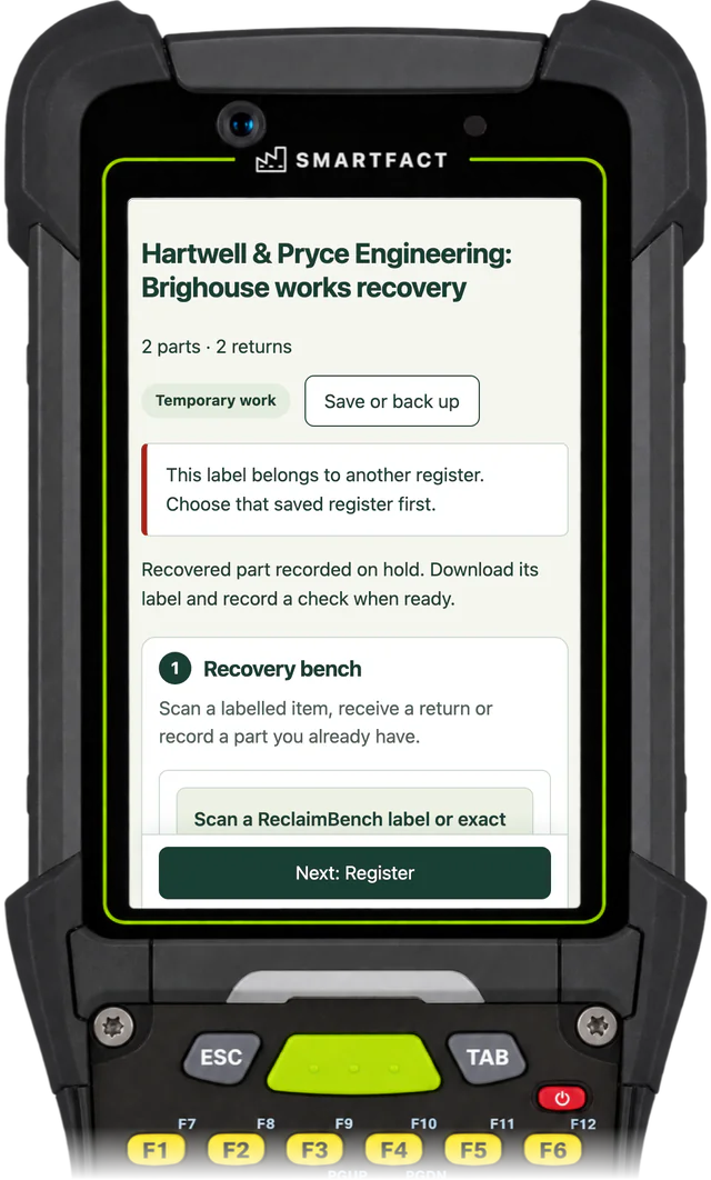 ReclaimBench refusing a scanned label: This label belongs to another register. Choose that saved register first.