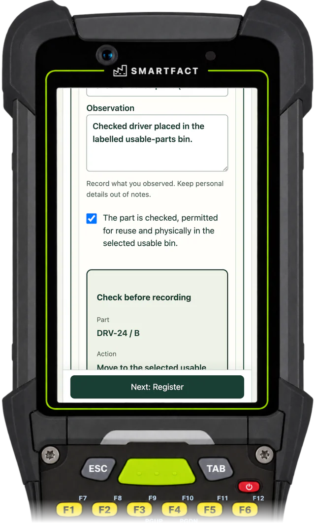 ReclaimBench making the driver available: Checked driver placed in the labelled usable-parts bin, confirmed as checked, permitted for reuse and physically in the selected usable bin, with Check before recording for DRV-24 / B