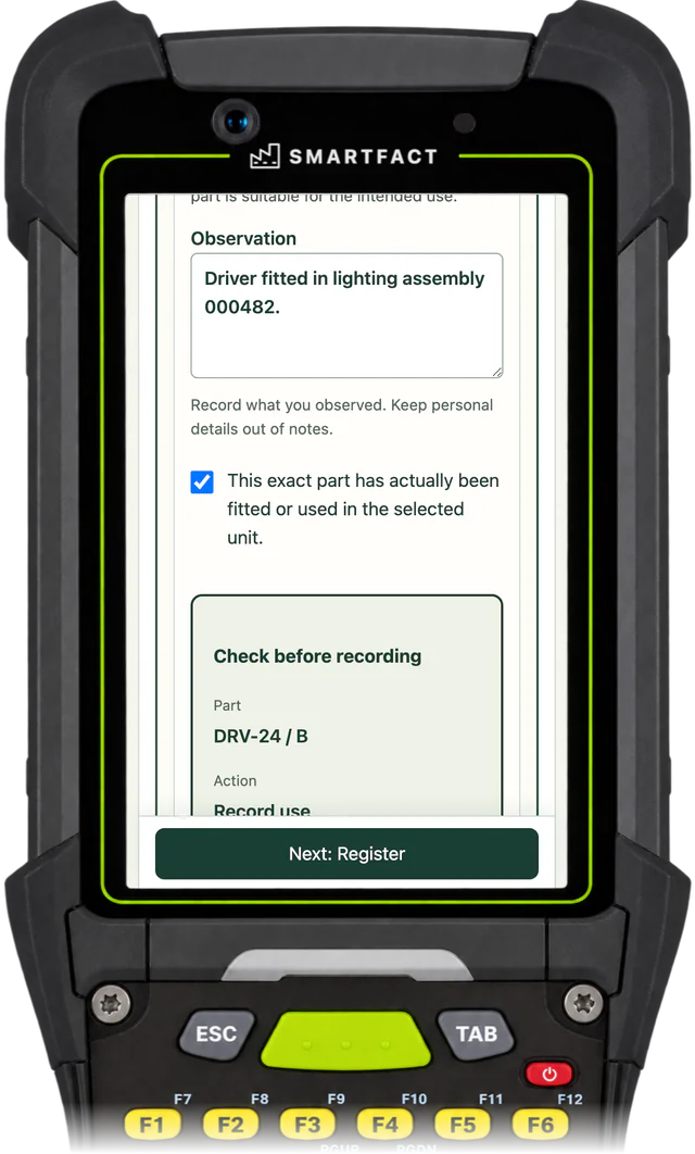 ReclaimBench recording use of the driver: Driver fitted in lighting assembly 000482, confirmed as actually fitted in the selected unit, with Check before recording for DRV-24 / B