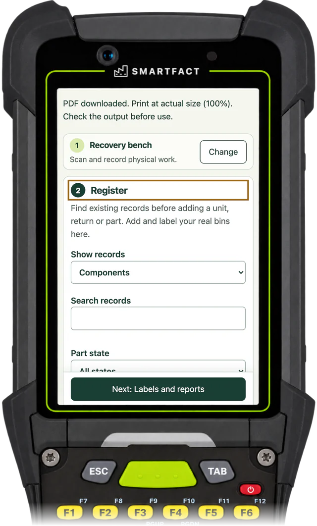 ReclaimBench register: find existing records before adding a unit, return or part, with Show records set to Components, Search records and Part state
