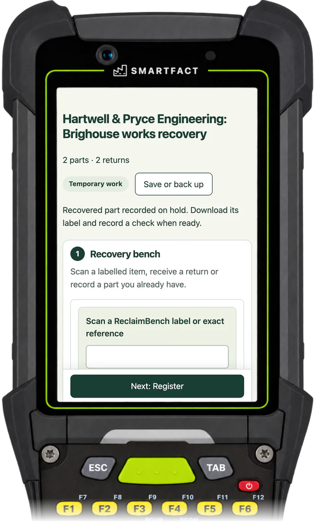 ReclaimBench in the Hartwell & Pryce Engineering Brighouse works recovery register, saying Recovered part recorded on hold. Download its label and record a check when ready.