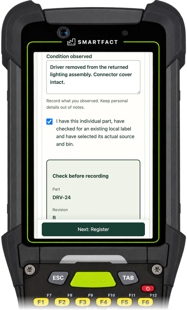 ReclaimBench recording a recovered part: condition observed, Driver removed from the returned lighting assembly. Connector cover intact., the confirmation of the actual part, source and bin, and Check before recording for part DRV-24, revision B