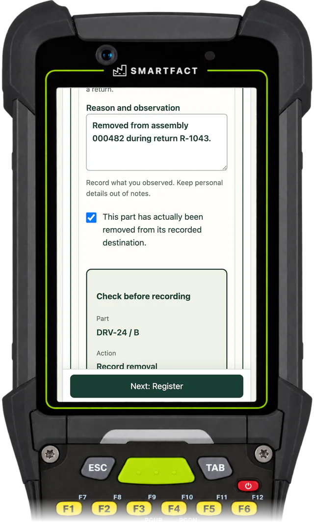 ReclaimBench recording the driver's removal: Removed from assembly 000482 during return R-1043, confirmed as actually removed from its recorded destination, with Check before recording for DRV-24 / B