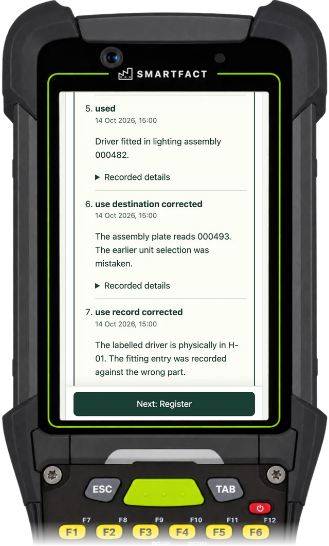 ReclaimBench component history: 5, used, Driver fitted in lighting assembly 000482; 6, use destination corrected, The assembly plate reads 000493; 7, use record corrected, The labelled driver is physically in H-01