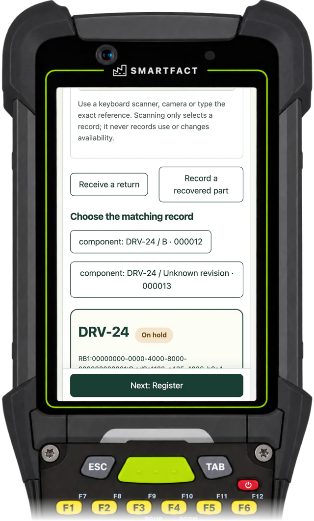 ReclaimBench after DRV-24 was scanned: Choose the matching record, listing component DRV-24 / B · 000012 and component DRV-24 / Unknown revision · 000013