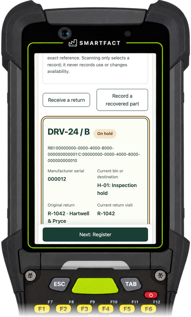 ReclaimBench record of driver DRV-24, revision B, on hold: its own RB1 reference, manufacturer serial 000012, current bin H-01 Inspection hold and original return R-1042 from Hartwell & Pryce